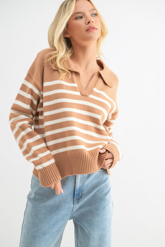 Striped Crop Collared Sweater