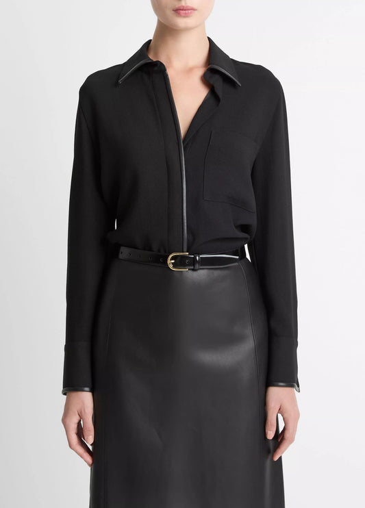 Faux Leather Trim Crepe Button Front Shirt