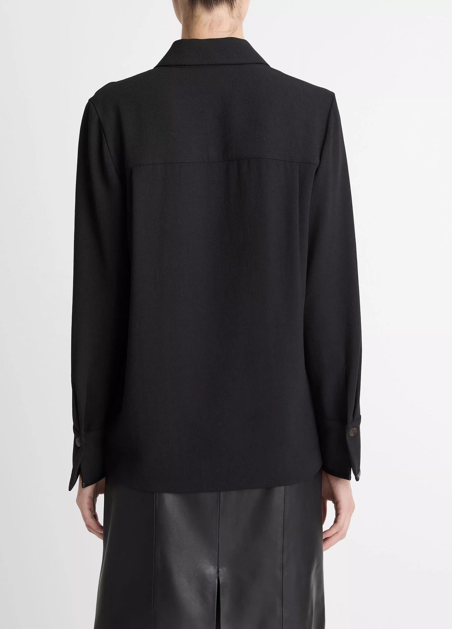 Faux Leather Trim Crepe Button Front Shirt